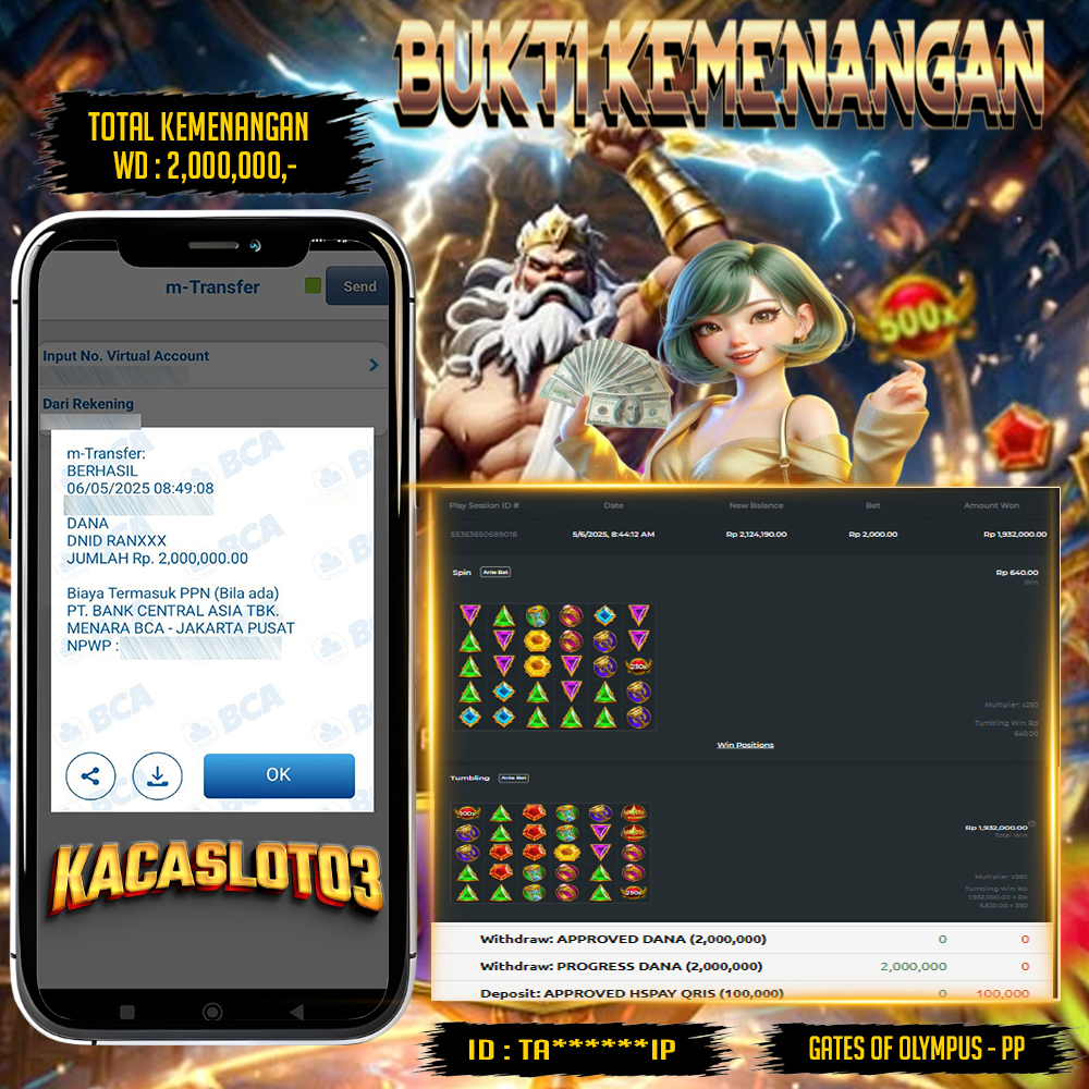 KACASLOT03 Bukti Kemenangan Pragmatic Play Gates of Olympus 1000 