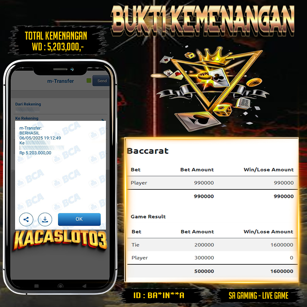 KACASLOT03 Bukti Kemenangan SA Gaming – BACCARAT