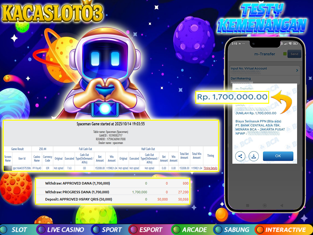 KACASLOT03 Bukti Kemenangan SPACEMAN – Pragmatic Live Casino